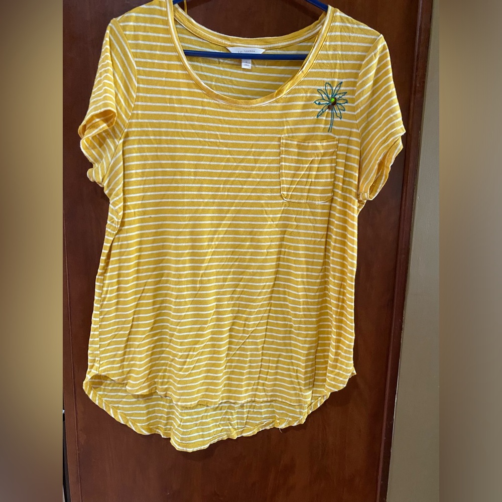 LC Lauren Conrad Yellow Striped Pocket Tee with Floral Accent